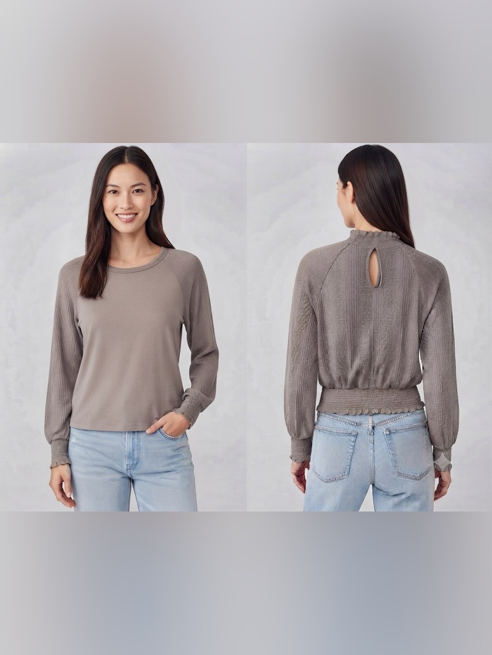 Free People Smocked Hem Waffle Long Sleeve Top in Taupe